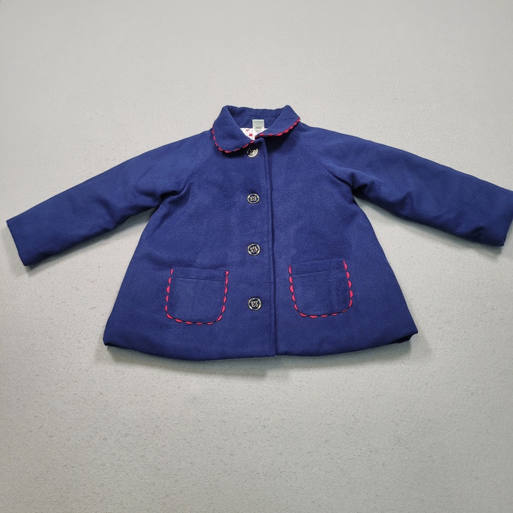 Little Me Girls Navy Blue Pea Coat Red Scallop Trim Back Bow Size 3T